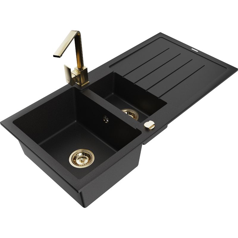 Zlewozmywak granitowy 1.5-komorowy Mexen Andres z ociekaczem i baterią kuchenną Rita czarny - 6515-77-670300-00 1 szt.
