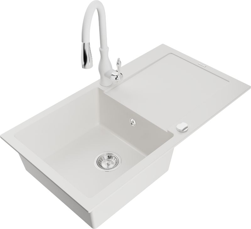 Zlewozmywak granitowy Mexen Leo 1-komorowy z ociekaczem i baterią kuchenną Savita biały - 6501-20-672601-00 1 szt.