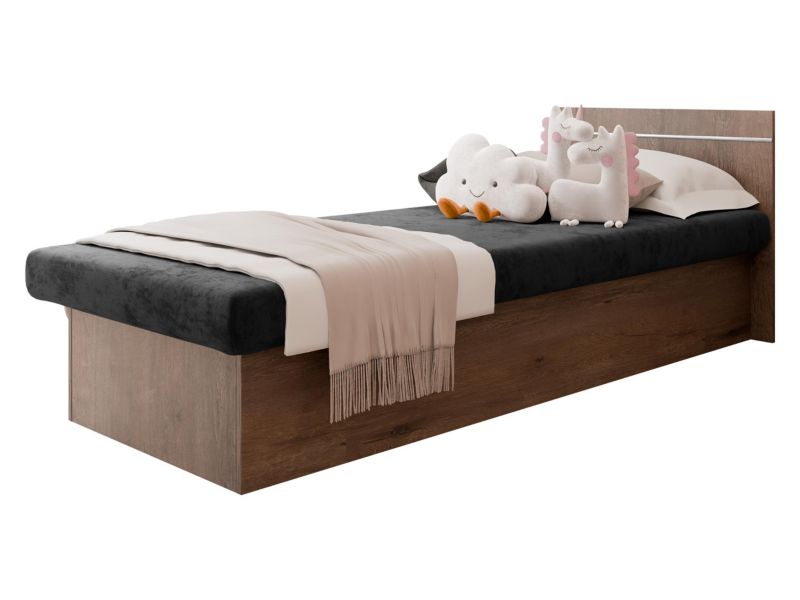 Łóżko jednoosobowe MIRJAN 24 Berta Bis 190x80 bez pojemnika jesion ciemny + czarny plusz 1 szt.