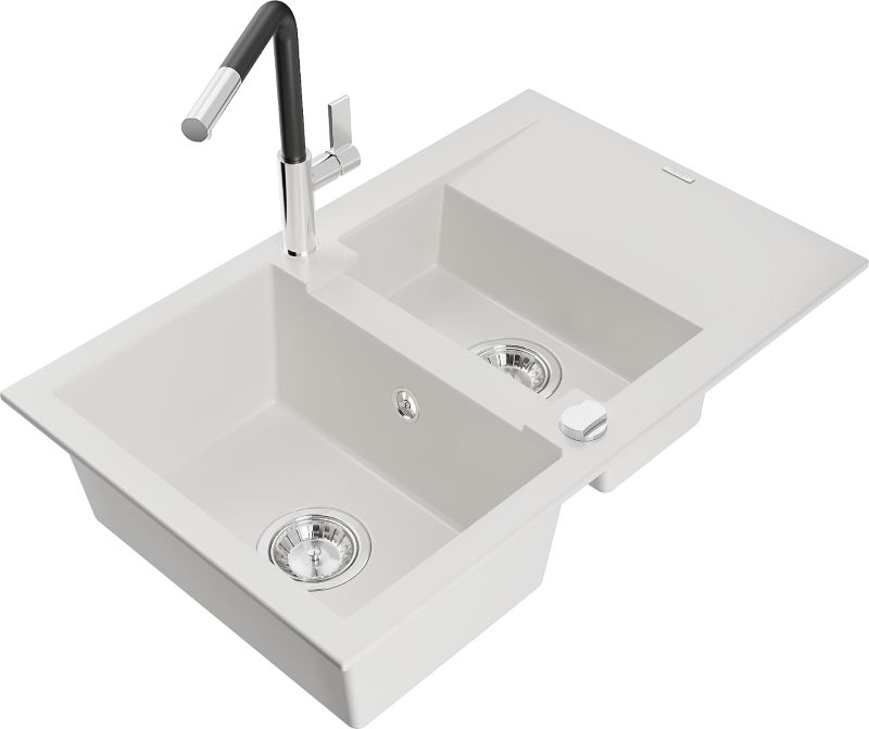 Zlewozmywak granitowy Mexen Gaspar 1,5-komorowy z ociekaczem i baterią kuchenną Flora biały 6507-20-670401-07