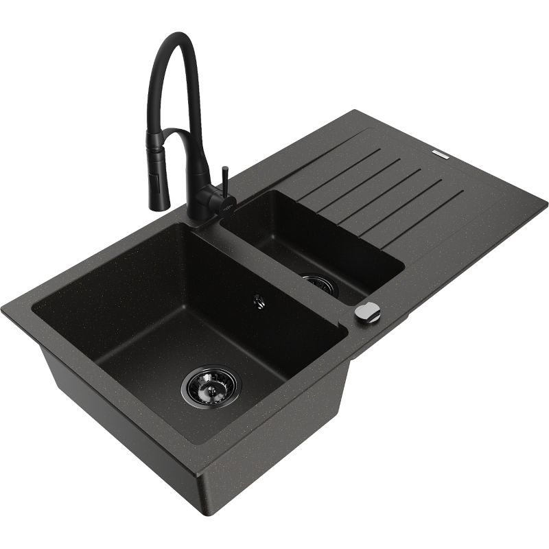 Zlewozmywak granitowy 1.5-komorowy Mexen Matias z ociekaczem i baterią kuchenną Aster szary - 6502-71-73450-70-B 1 szt.