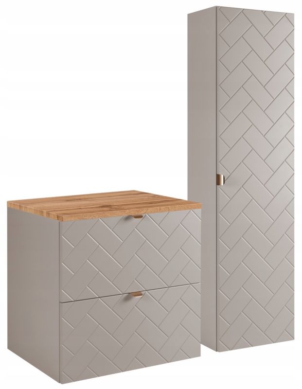 Zestaw mebli łazienkowych Furnidea kaszmir 60 cm szafka pod umywalkę blat dąb wotan słupek ryflowany Trend zestaw