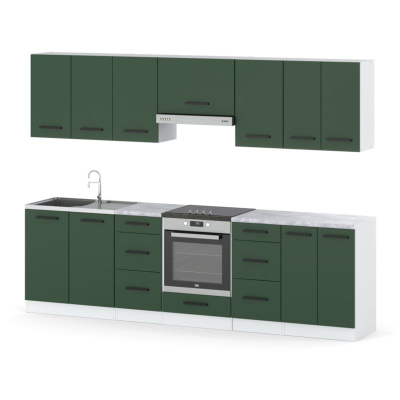 Zestaw Kuchenny Hurtownia-Mebli Z Blatem Kuchnia Roma 280cm Biały Mat Butelkowa Zieleń 280x47x145 cm 1szt.
