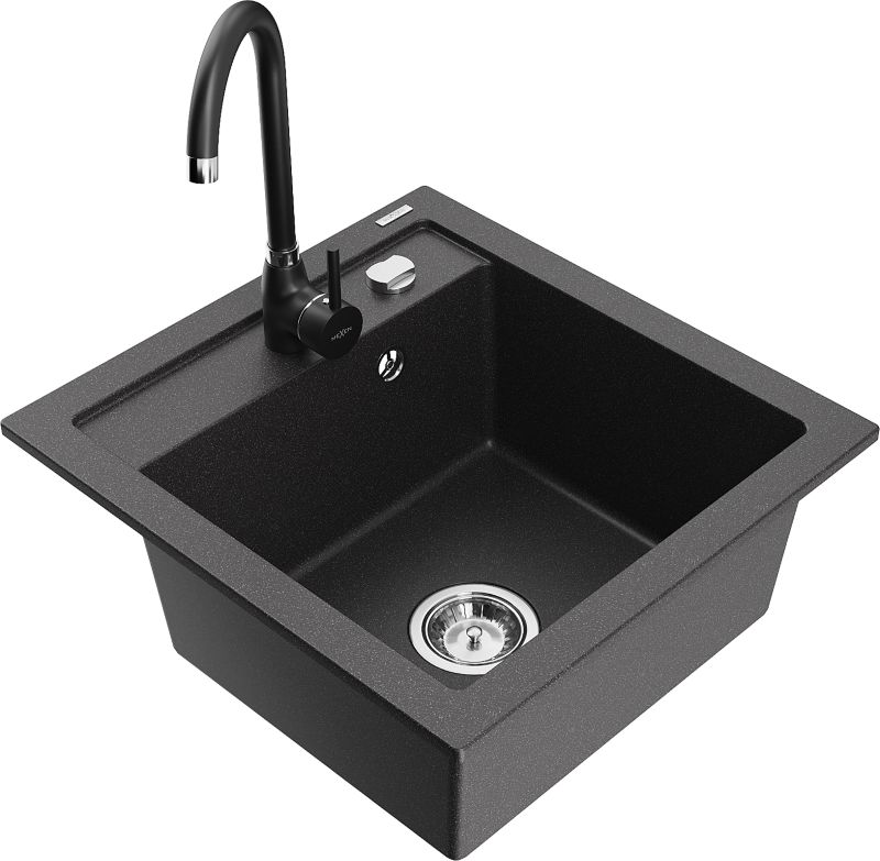 Zlewozmywak granitowy Mexen Vito 1-komorowy z baterią kuchenną Telma czarny 6503-76-670200-70