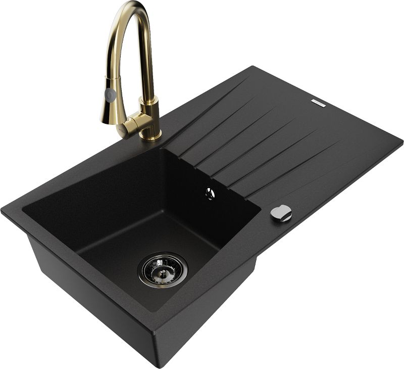 Zlewozmywak granitowy Mexen Cesar 1-komorowy z ociekaczem i baterią kuchenną Flora czarny - 6514-77-670401-07-B 1 szt.
