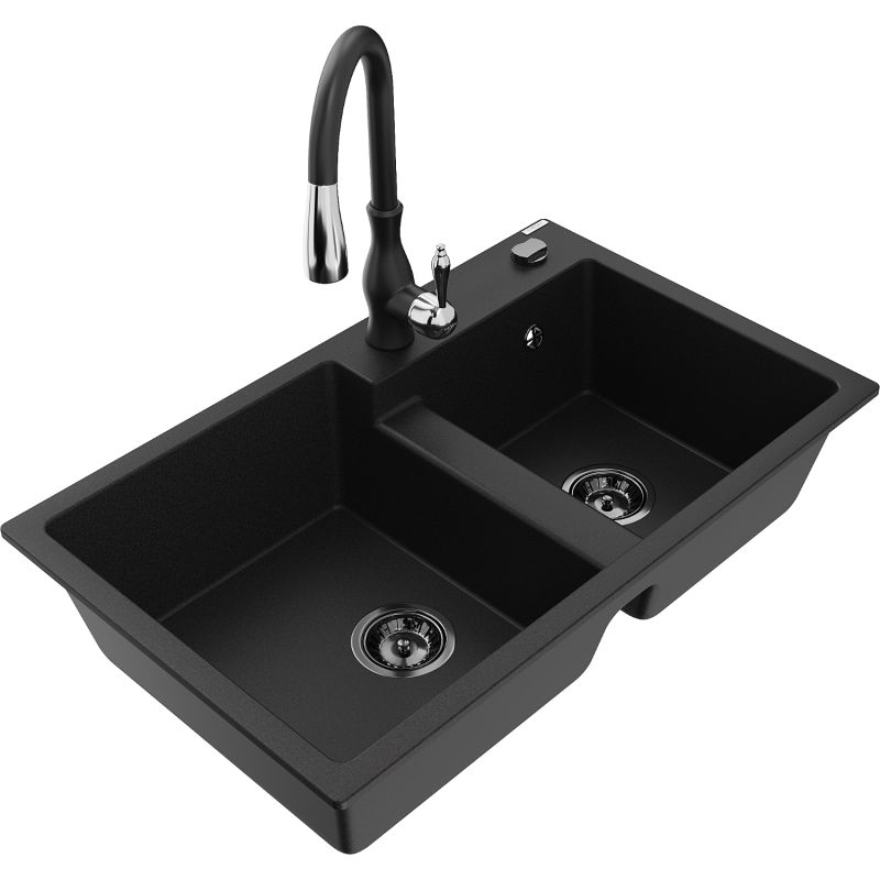 Zlewozmywak granitowy 2-komorowy Mexen Tomas z baterią kuchenną Savita czarny nakrapiany - 6516-76-672601-00 1 szt.