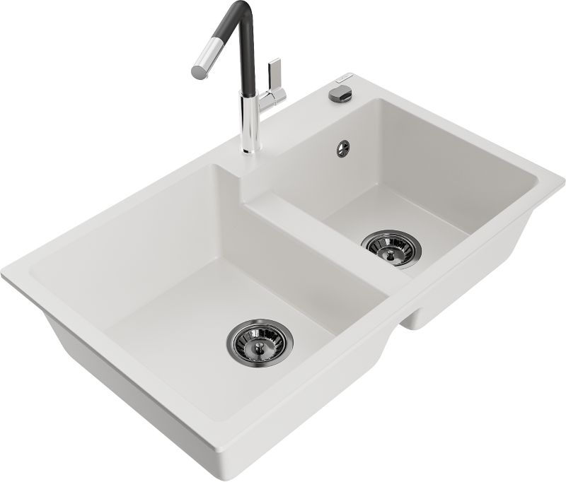 Zlewozmywak granitowy Mexen Tomas 2-komorowy z baterią kuchenną Flora biały - 6516-20-670401-57-G 1 szt.