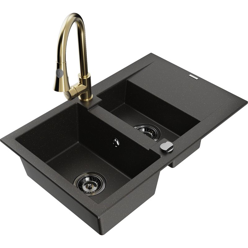 Zlewozmywak granitowy 1.5-komorowy Mexen Gaspar z ociekaczem i baterią kuchenną Elia czarny/złoty metalik 6507-75-670101-50-B