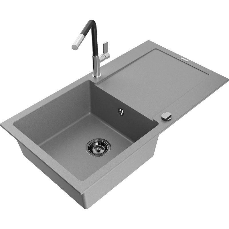 Zlewozmywak granitowy 1-komorowy Mexen Leo z ociekaczem i baterią kuchenną Flora szary 6501-71-670401-07-B