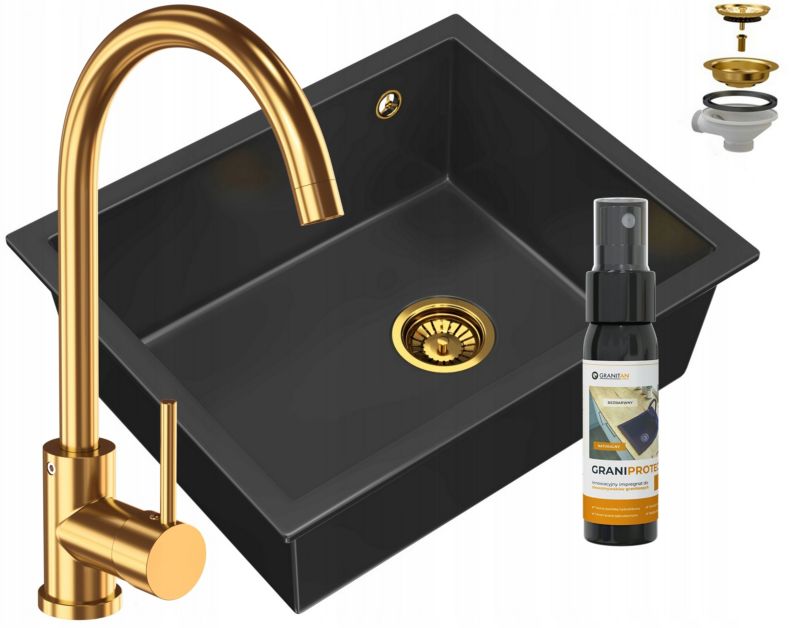 Zlewozmywak granitowy podblatowy Granitan Salix Czarny Bateria Beta Złota Syfon Złoty 1 kpt.