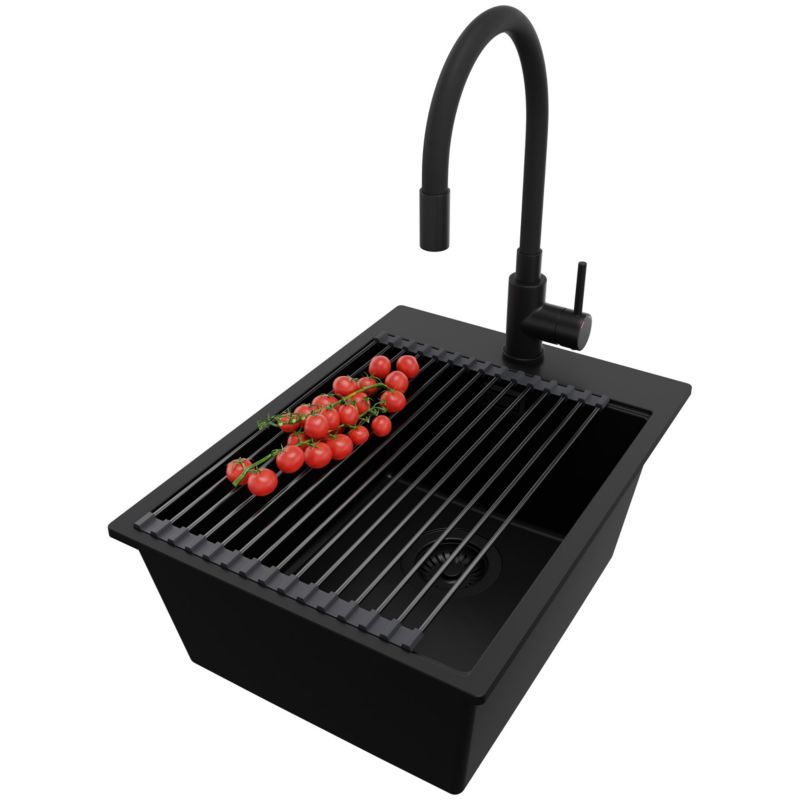 Zlewozmywak Granitowy Oslo PRIMAGRAN Nablatowy 38x50cm do szafki od 40cm z Syfonem i Baterią i Dodatkiem Cały Czarny 1 szt.