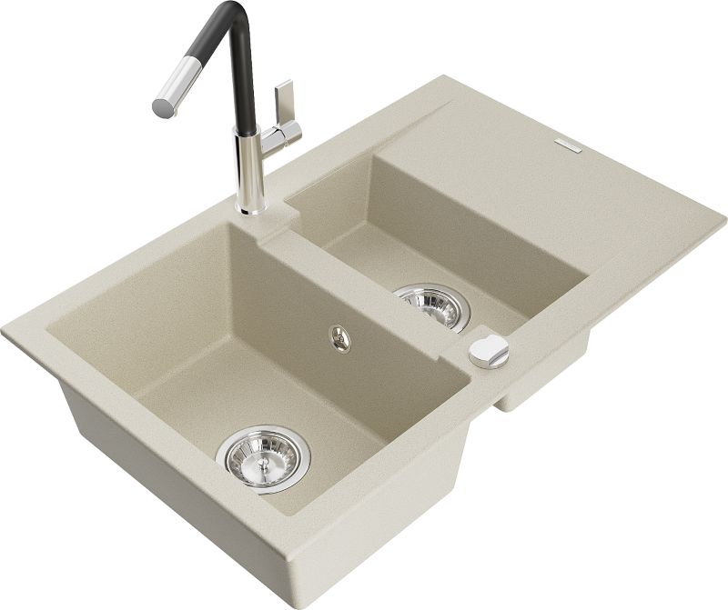 Zlewozmywak granitowy Mexen Gaspar 1,5-komorowy z ociekaczem i baterią kuchenną Flora beżowy 6507-69-670401-07