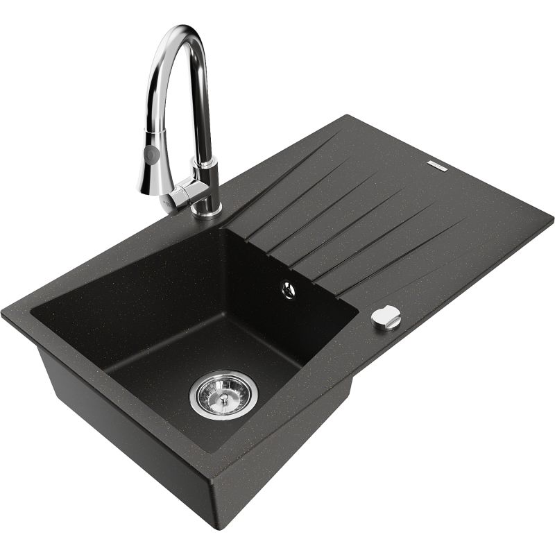 Zlewozmywak granitowy 1-komorowy Mexen Cesar z ociekaczem i baterią kuchenną Elia czarny/złoty metalik 6514-75-670101-00