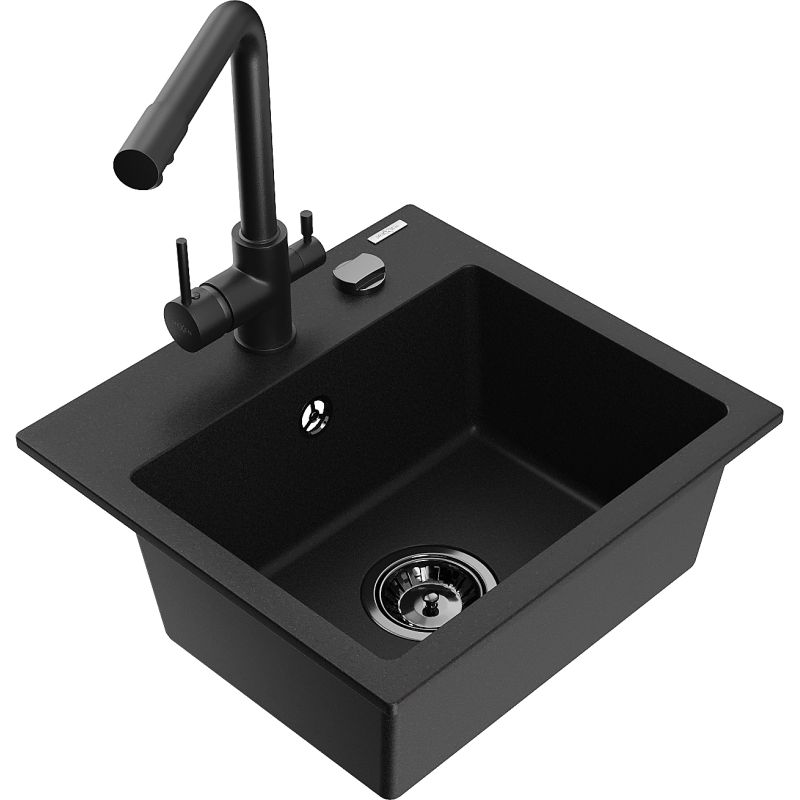 Zlewozmywak granitowy 1-komorowy Mexen Milo z baterią kuchenną Duero czarny - 6505-77-671600-70 1 szt.