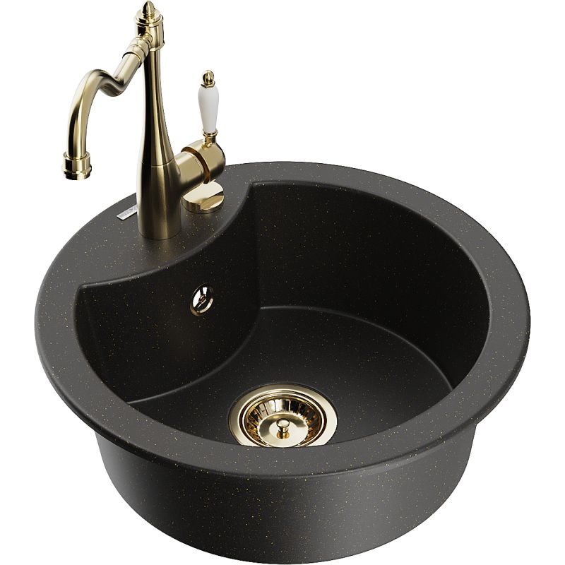 Zlewozmywak granitowy 1-komorowy Mexen Diego z baterią kuchenną Carla czarny/złoty metalik 6512-75-670700-50