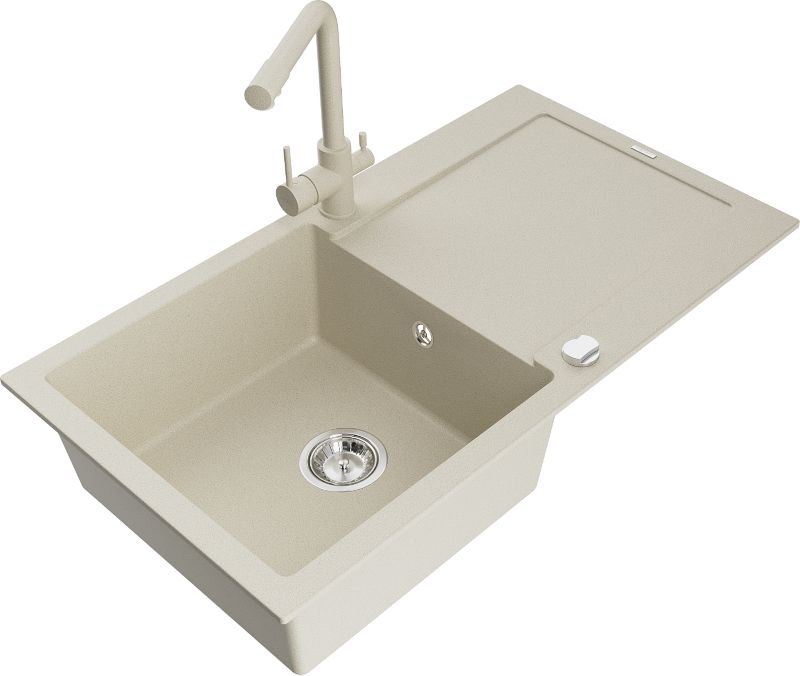 Zlewozmywak granitowy Mexen Leo 1-komorowy z ociekaczem i baterią kuchenną Duero beżowy- - 6501-69-671600-50 1 szt.