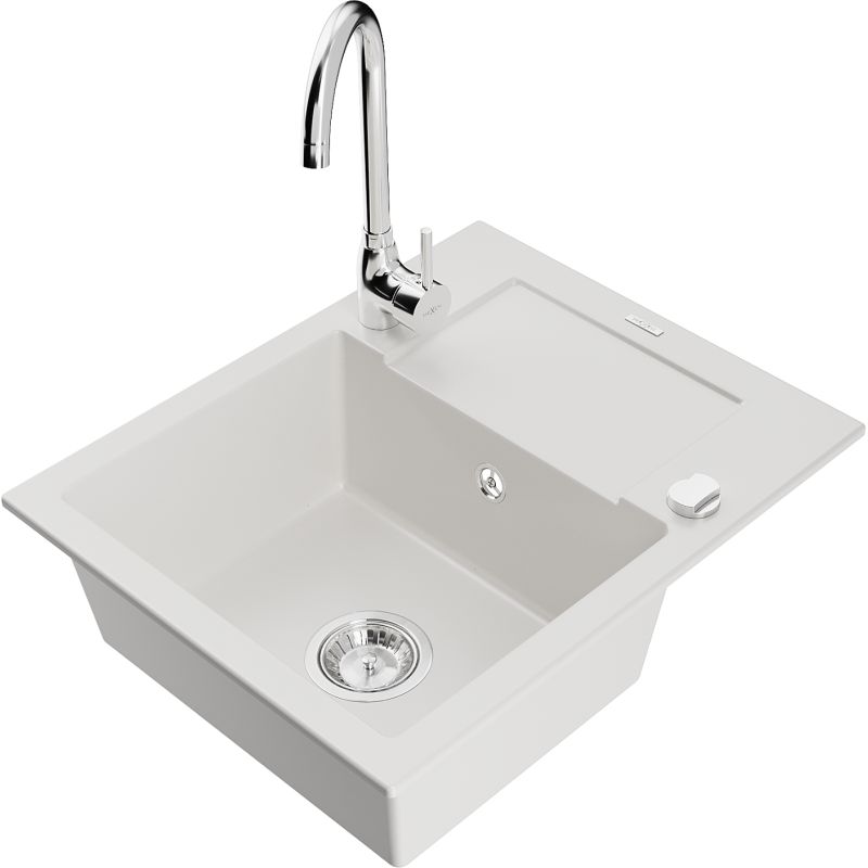 Zlewozmywak granitowy 1-komorowy Mexen Enzo z ociekaczem i baterią kuchenną Telma biały 6506-20-670200-00