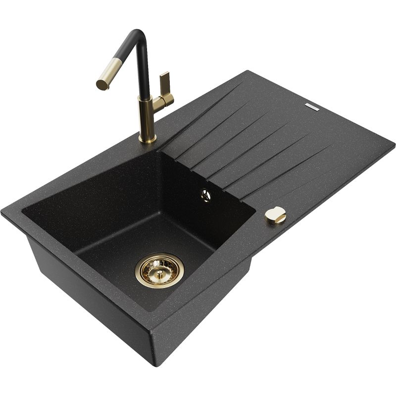 Zlewozmywak granitowy 1-komorowy Mexen Cesar z ociekaczem i baterią kuchenną Flora czarny/srebrny metalik 6514-73-670401-57-G