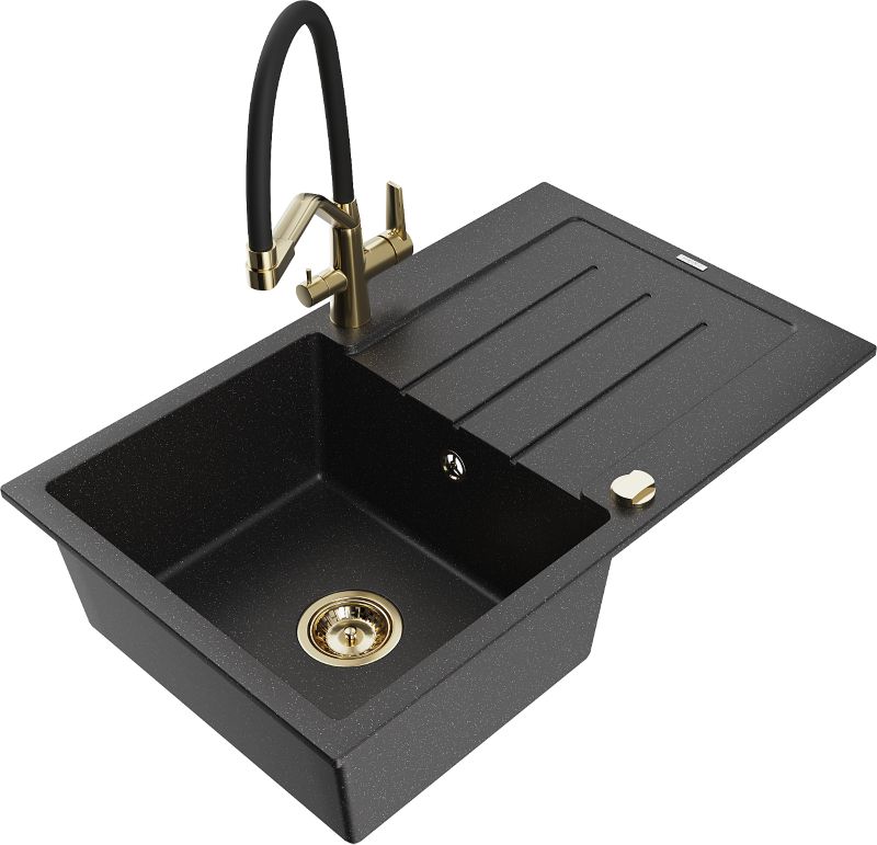 Zlewozmywak granitowy Mexen Bruno 1-komorowy z ociekaczem i baterią kuchenną Duo czarny/srebrny 6513-73-671701-57-G