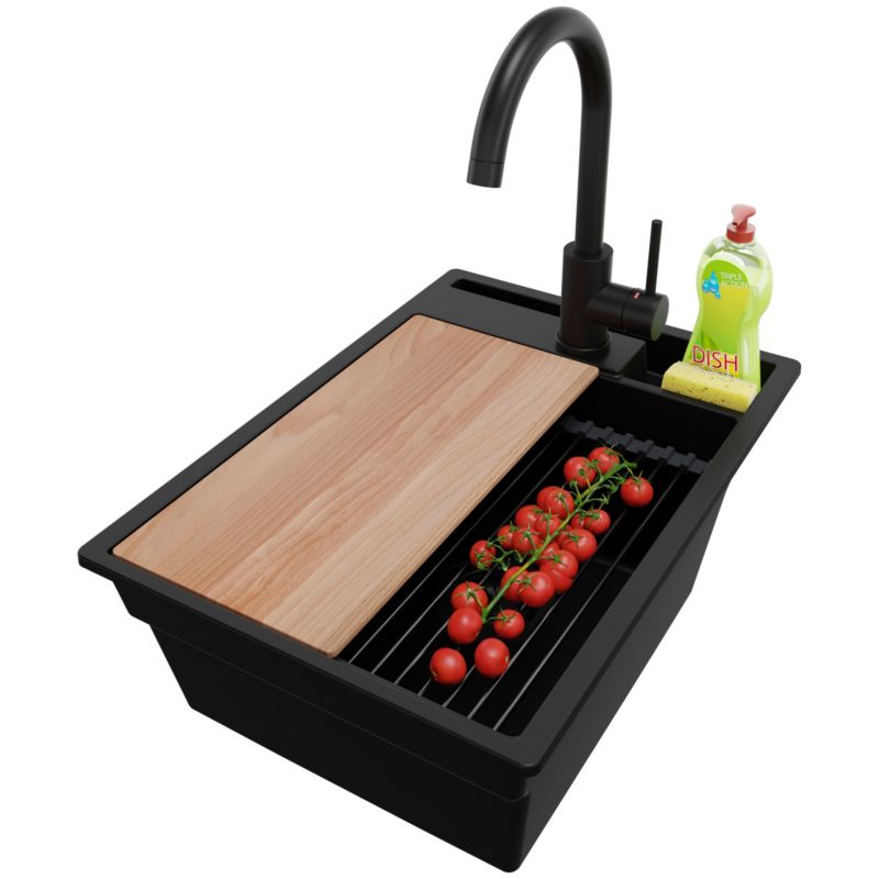 Zlewozmywak Granitowy Oslo Pocket PRIMAGRAN Nablatowy 38x53cm, Cały Czarny + Bateria + Syfon + Akcesorium, S054, 1 szt.