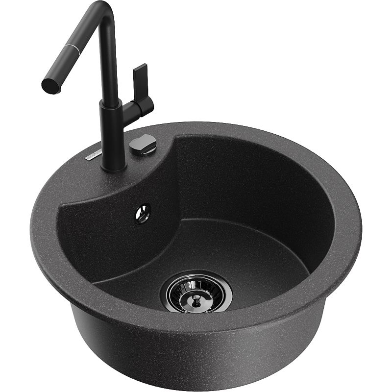 Zlewozmywak granitowy 1-komorowy Mexen Diego z baterią kuchenną Flora czarny nakrapiany - 6512-76-670401-07-B 1 szt.