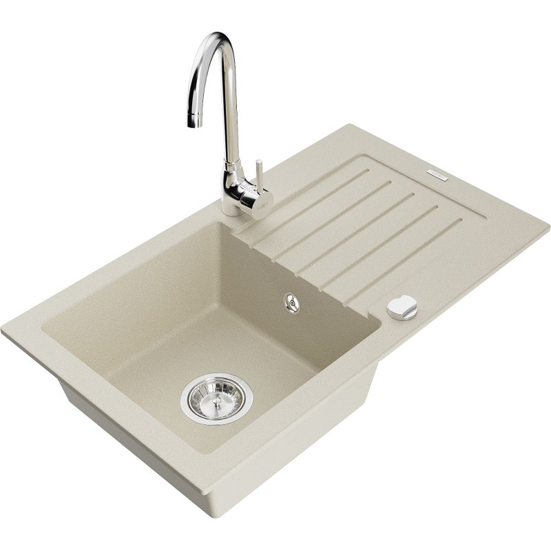 Zlewozmywak granitowy 1-komorowy Mexen Pablo z ociekaczem i baterią kuchenną Telma beżowy 6510-69-670200-00