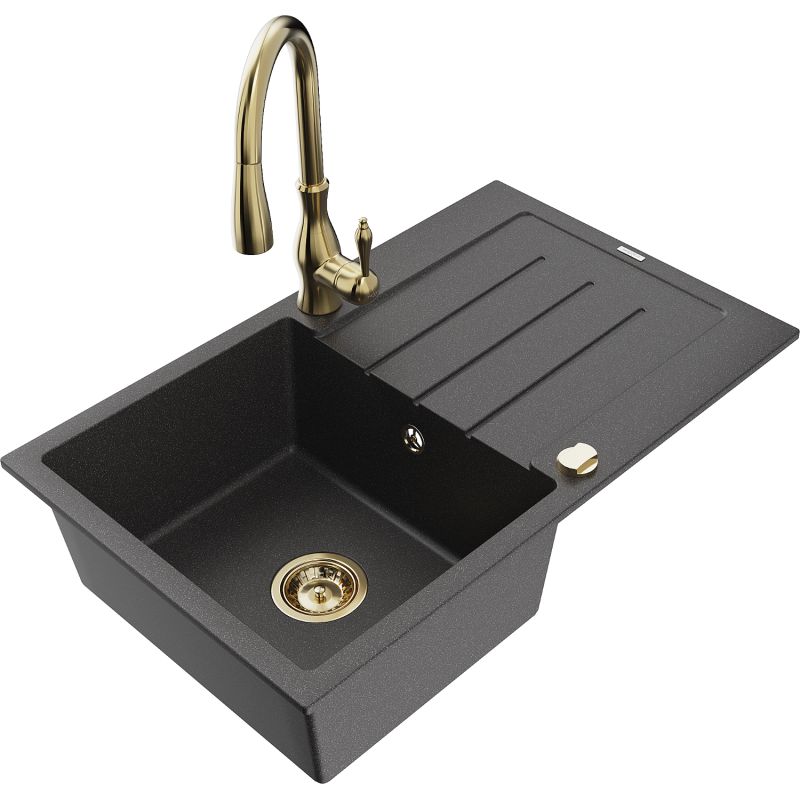 Zlewozmywak granitowy 1-komorowy Mexen Bruno z ociekaczem i baterią kuchenną Savita czarny nakrapiany 6513-76-672601-50