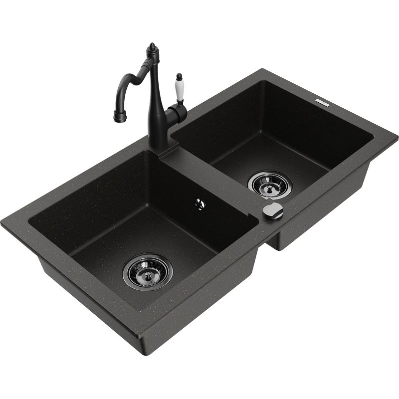 Zlewozmywak granitowy 2-komorowy Mexen Mario z baterią kuchenną Duero beżowy - 6504-69-671600-70 1 szt.