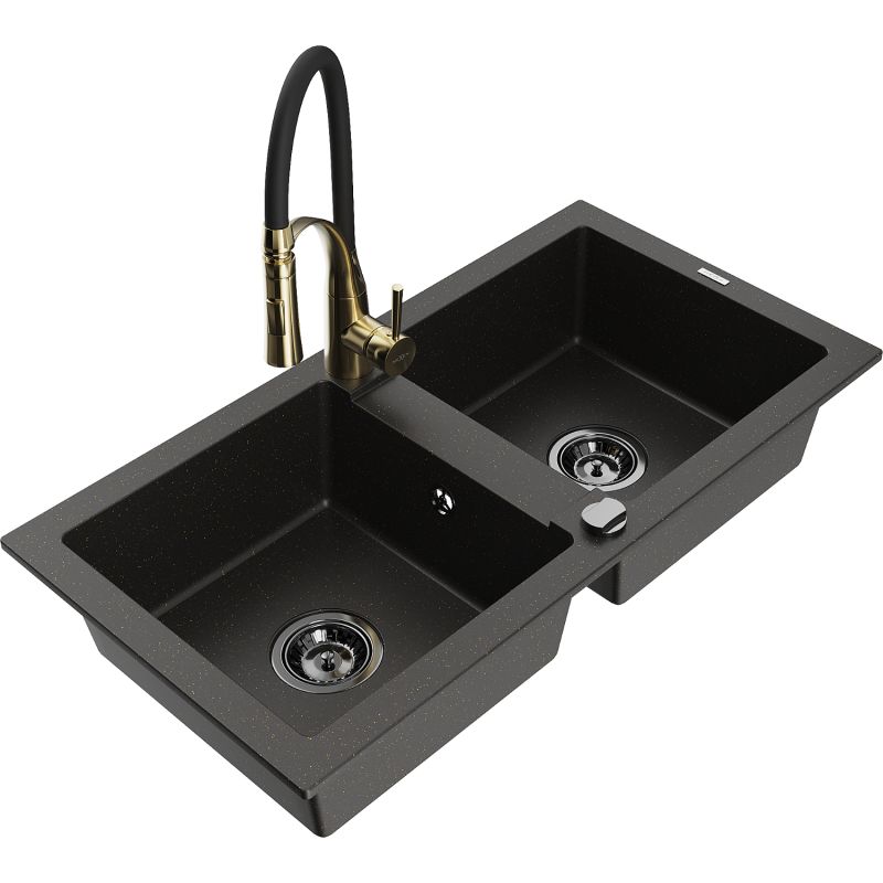 Zlewozmywak granitowy 2-komorowy Mexen Mario z baterią kuchenną Aster czarny/złoty metalik 6504-75-73450-57-B