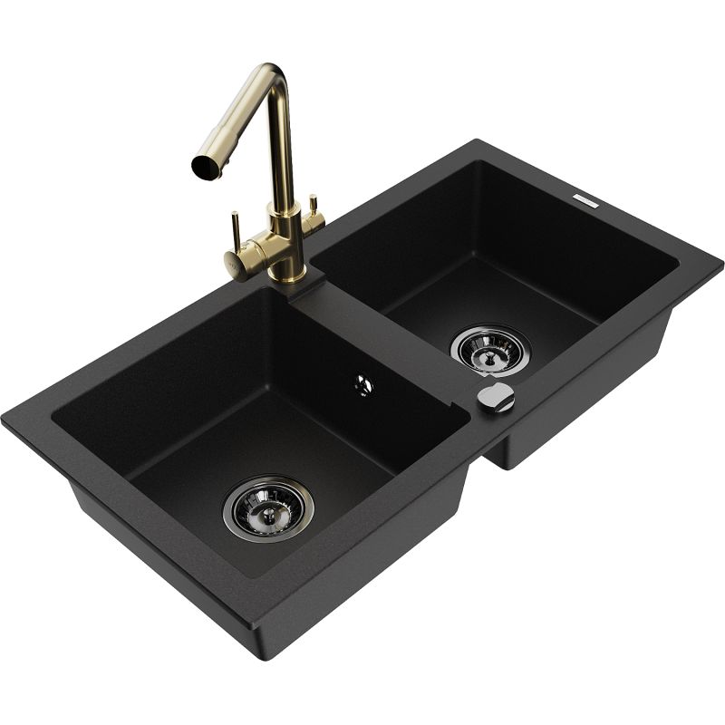 Zlewozmywak granitowy 2-komorowy Mexen Mario z baterią kuchenną Duero czarny - 6504-77-671600-70-B 1 szt.