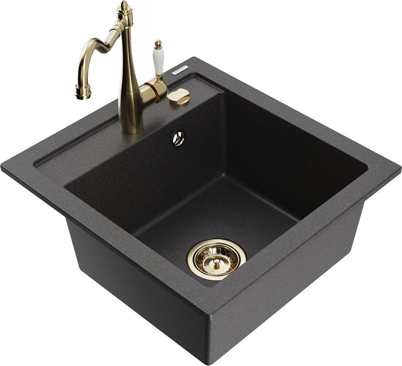 Zlewozmywak granitowy Mexen Vito 1-komorowy z baterią kuchenną Carla czarny 6503-76-670700-50