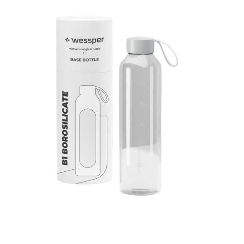 Butelka na wodę, Wessper, szklana, motywacyjna, z miarką, szkło borokrzemowe, 1L, przeźroczysta, 1szt