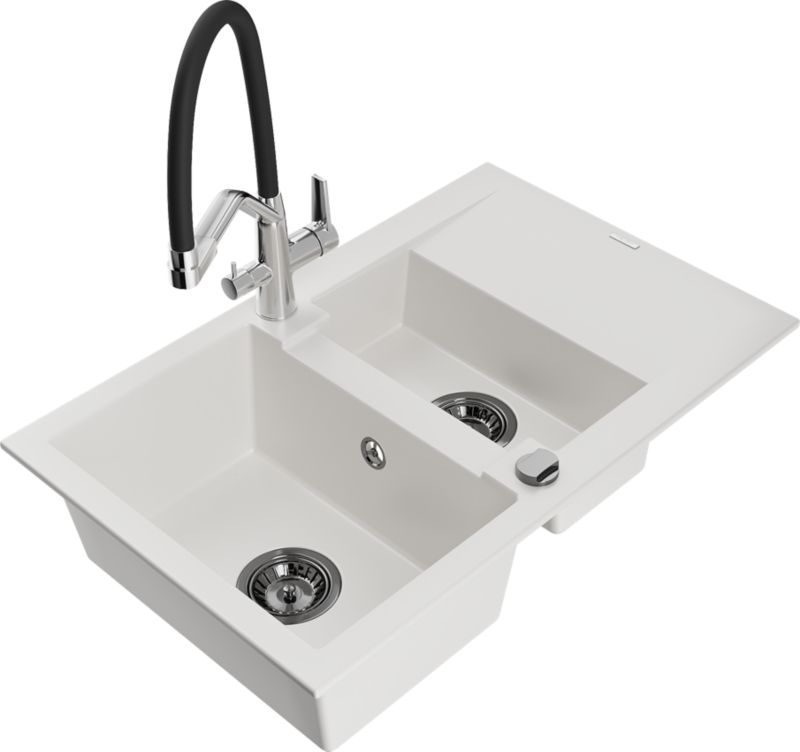 Zlewozmywak granitowy Mexen Gaspar 1,5-komorowy z ociekaczem i baterią kuchenną Duo biały 6507-20-671701-07-B