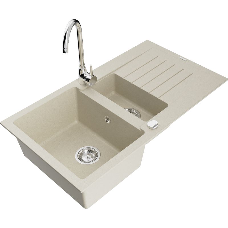 Zlewozmywak granitowy 1.5-komorowy Mexen Matias z ociekaczem i baterią kuchenną Telma beżowy 6502-69-670200-00