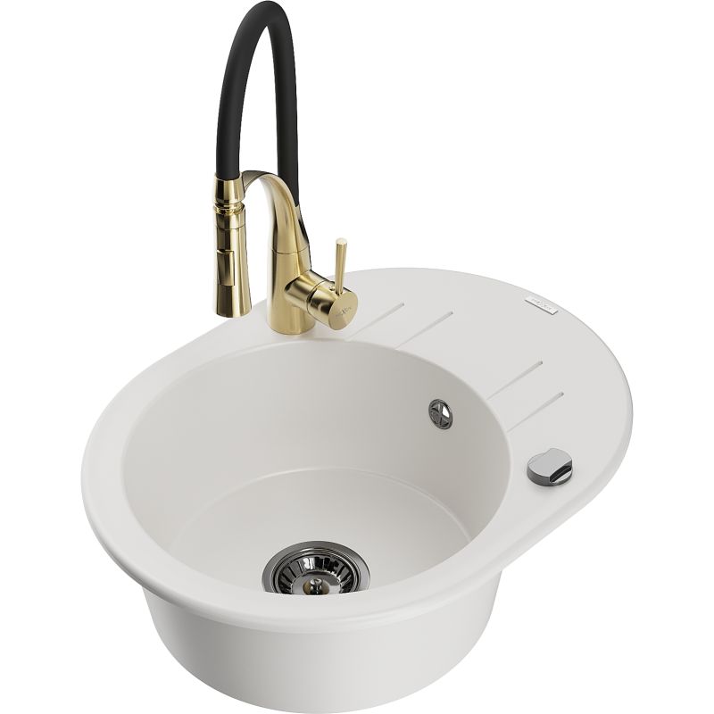 Zlewozmywak granitowy 1-komorowy Mexen Kevin z ociekaczem i baterią kuchenną Aster biały 6517-20-73450-57-B