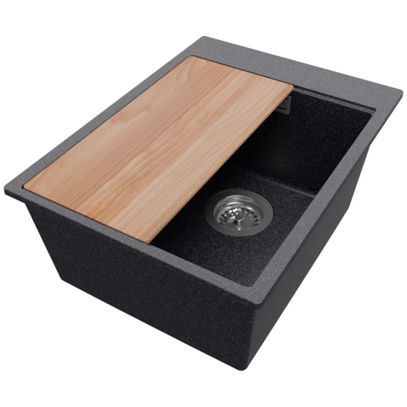 Zlewozmywak Oslo PRIMAGRAN Nablatowy 38x50cm do szafki od 40cm, Grafitowy + Syfon + Deska, S075, 1 szt.