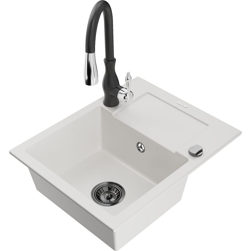 Zlewozmywak granitowy 1-komorowy Mexen Enzo z ociekaczem i baterią kuchenną Savita czarny - 6506-77-672601-00 1 szt.