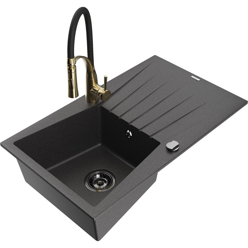 Zlewozmywak granitowy 1-komorowy Mexen Cesar z ociekaczem i baterią kuchenną Aster czarny nakrapiany 6514-76-73450-57-B