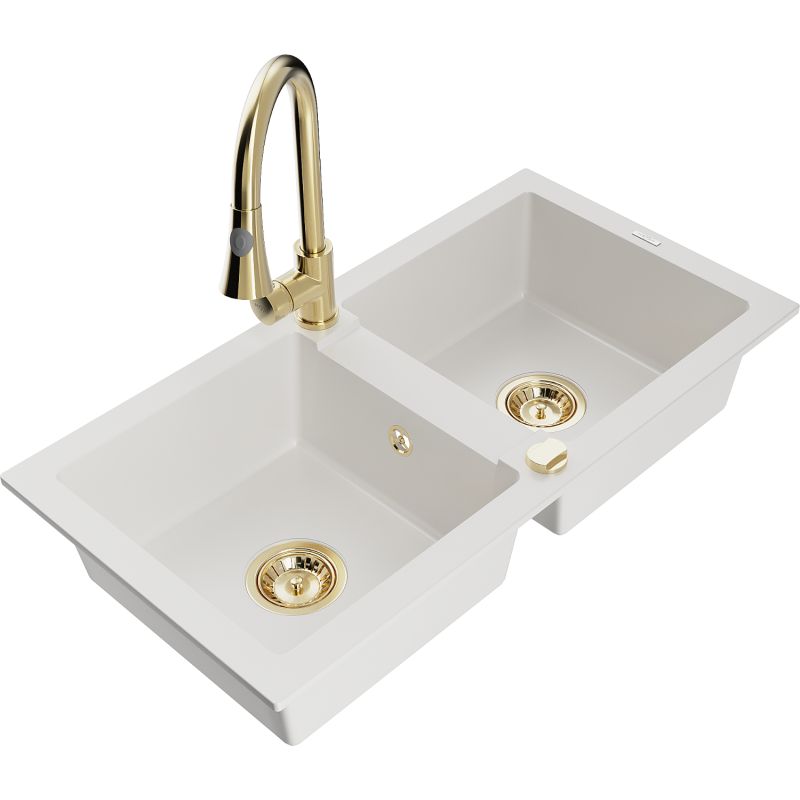 Zlewozmywak granitowy 2-komorowy Mexen Mario z baterią kuchenną Elia biały 6504-20-670101-50