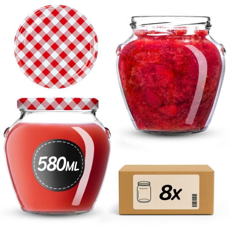 Słoiki na przetwory KADAX 580ml + wieczka "Czerwona krata" 82mm 8szt.