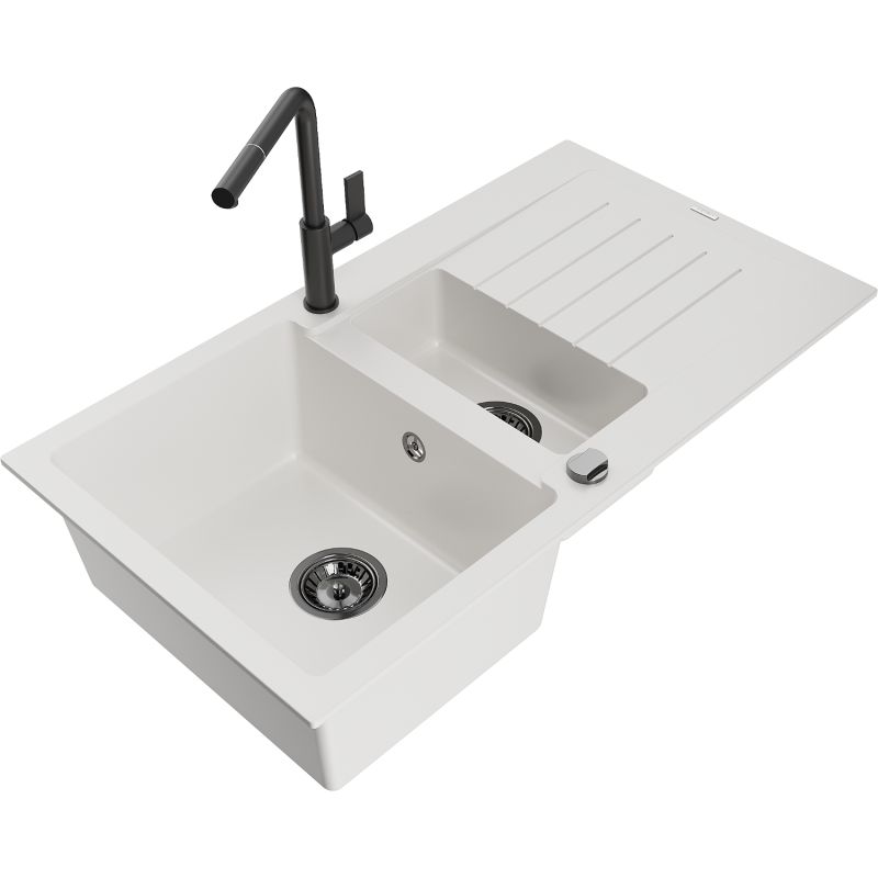 Zlewozmywak granitowy 1.5-komorowy Mexen Matias z ociekaczem i baterią kuchenną Flora czarny - 6502-77-670401-07-B 1 szt.