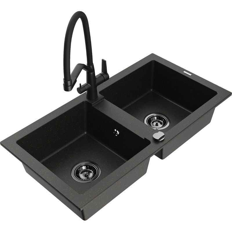 Zlewozmywak granitowy 2-komorowy Mexen Mario z baterią kuchenną Elia beżowy - 6504-69-670101-70 1 szt.