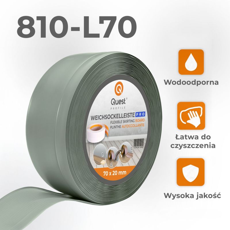 Listwa przypodłogowa PCV 70x20mm, QUEST, elastyczna, miękka listwa podłogowa, cokołowa, jasnozielony, 25m