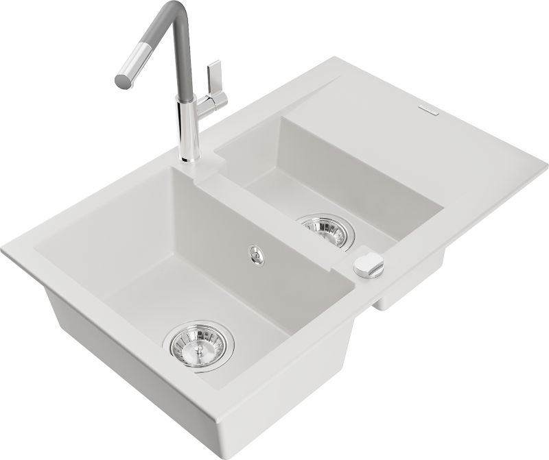 Zlewozmywak granitowy Mexen Gaspar 1,5-komorowy z ociekaczem i baterią kuchenną Flora biały 6507-20-670401-06