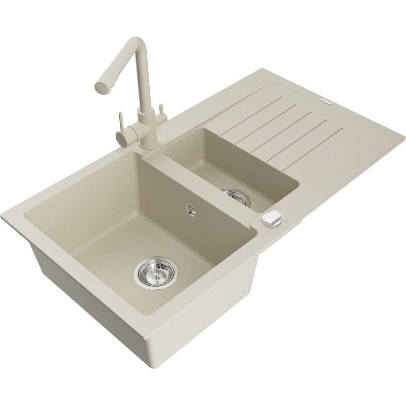 Zlewozmywak granitowy 1.5-komorowy Mexen Matias z ociekaczem i baterią kuchenną Duero beżowy 6502-69-671600-69