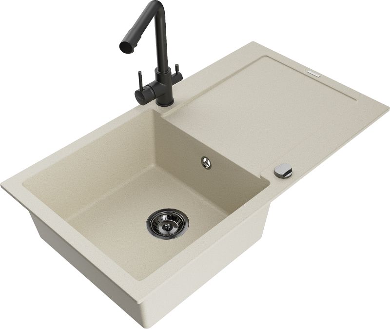 Zlewozmywak granitowy Mexen Leo 1-komorowy z ociekaczem i baterią kuchenną Duero beżowy- - 6501-69-671600-00 1 szt.