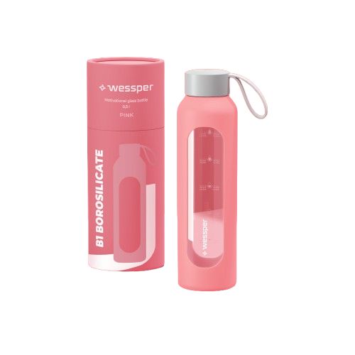 Butelka na wodę, Wessper, motywacyjna, z miarką, szklana, szkło borokrzemowe, 500ml + etui różowe, 1szt
