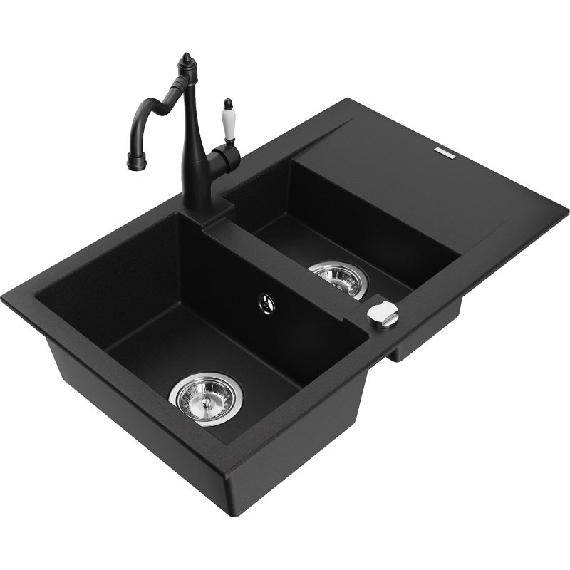 Zlewozmywak granitowy 1.5-komorowy Mexen Gaspar z ociekaczem i baterią Carla czarny nakrapiany - 6507-76-670700-00 1 szt.