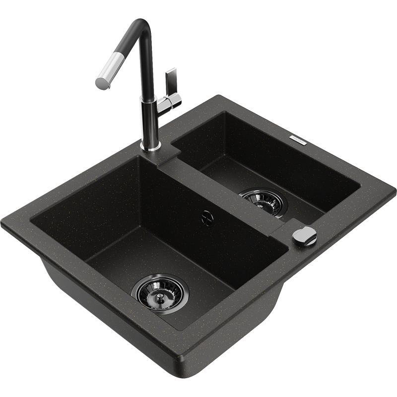 Zlewozmywak granitowy 1.5-komorowy Mexen Carlos z baterią kuchenną Flora czarny/złoty metalik 6518-75-670401-07-B