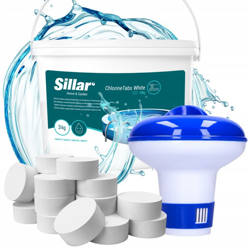 Chlor do basenu, Sillar, 3kg, 20g + dozownik pływający, na tabletki, zestaw do basenów, 2szt